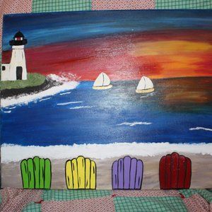 Original Painting Beach Theme Lighthouse Chairs Sailboats Sunrise Maine 11"x20"